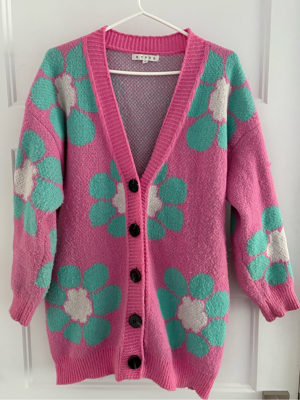 HYFVE Pink Floral V-Neck Cardigan with Teal and Cream Flowers